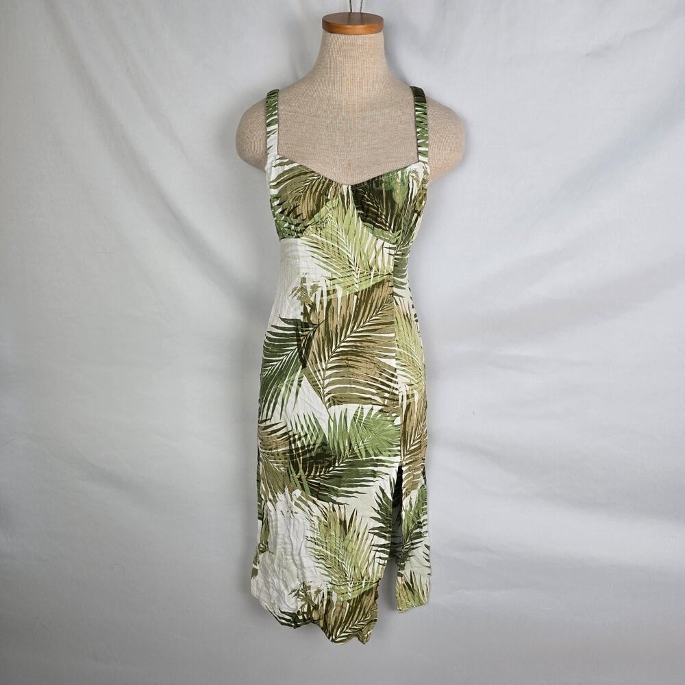 Forever 21 Dress Women's S Green Tan White Tropical Sleeveless Slit Knee Zipper